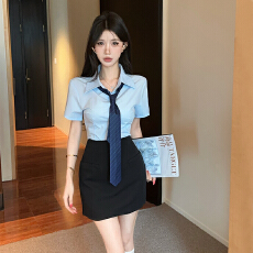 批发蓝色纯欲气质收腰领带衬衫夏季新款上衣高腰包臀半裙时尚两件套装