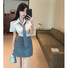批发韩版收腰领带短袖衬衫女夏季时尚套装高腰包臀裙半身裙短裙两件套