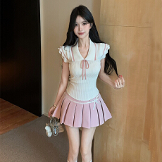 批发韩系甜美学院风套装裙粉色少女感针织修身上衣百褶裙甜辣纯欲套装