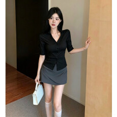 批发纯欲性感V领黑色收腰显瘦五分袖衬衫包臀裙职业套装女夏季新款