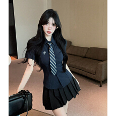 批发jk制服套装女夏季新款学院风藏青色短袖衬衫百褶裙时尚两件套