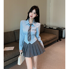批发2026秋季新款学院风收腰蓝色长袖<b class='q'>衬衫</b>女<b class='q'>职业</b>装百褶裙jk制服套装
