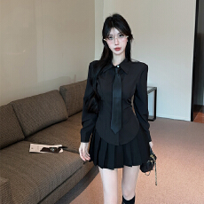 批发学院风jk制服套装<b class='q'>女</b>秋季纯欲辣妹收腰黑色<b class='q'>衬衫</b>上衣百褶裙时尚套装