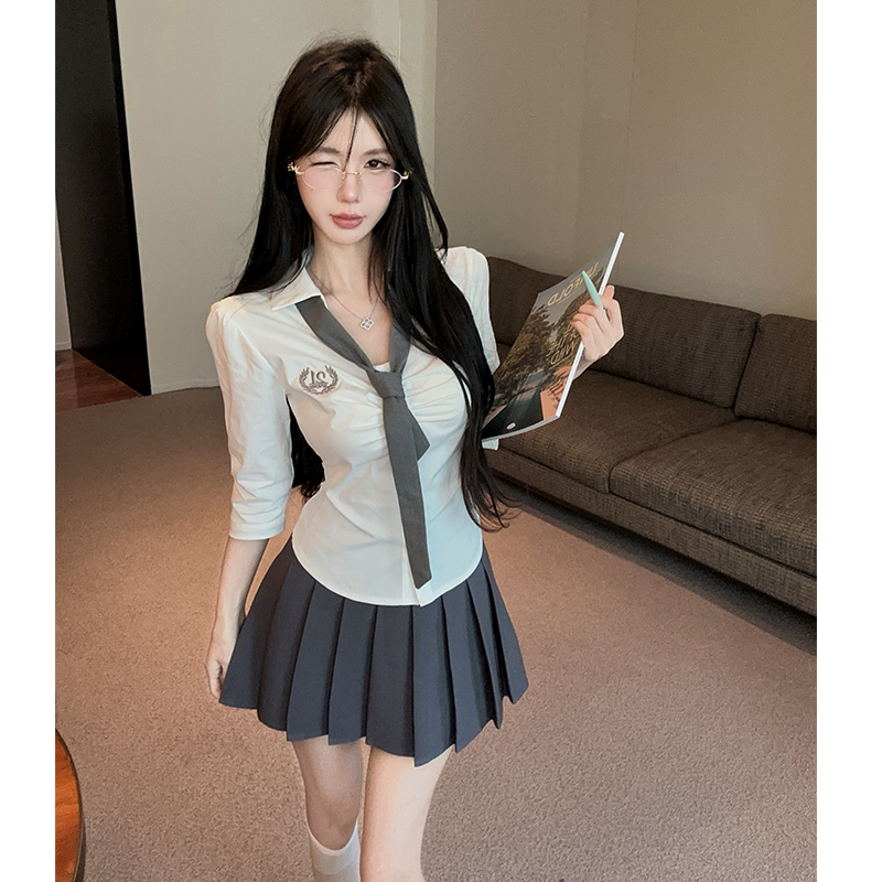 BY36595# 纯欲jk制服套装女秋季减龄学院风七分袖收腰白色衬衫百褶裙两件套  服裝批發女裝批發服飾貨源