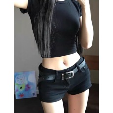 批发黑色a字牛仔短裤女夏季辣妹紧身高腰显瘦小个子热裤直筒阔腿裤子