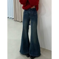 批发复古蓝设计感阔腿微喇<b class='q'>牛仔裤</b>女夏季新款高腰宽松显瘦弹力喇叭裤子