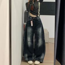 批发蓝灰色慵懒松弛风牛仔<b class='q'>裤</b>女小个子梨形<b class='q'>宽松</b>粗腿遮肉显瘦弯刀阔腿<b class='q'>裤</b>