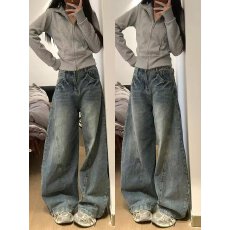 批发美式复古高腰弯刀牛仔<b class='q'>裤</b>女春秋款高街设计感<b class='q'>宽松</b>显瘦垂感阔腿<b class='q'>裤</b>子