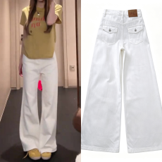 批发美式复古白色弯刀牛仔<b class='q'>裤</b>男女拼接设计感<b class='q'>宽松</b>阔腿百搭休闲长<b class='q'>裤</b>子潮