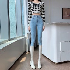 批发浅蓝色紧身小脚<b class='q'>牛仔</b>裤<b class='q'>女</b>2026年春季新款超高腰收腹提臀显瘦铅笔裤