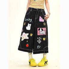 批发潮流黑色高腰显瘦直筒牛仔短裤女夏季高街辣妹风七分裤子
