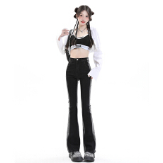 批发黑色修容微喇牛仔裤女春季新款大码胖mm<b class='q'>高腰</b>遮肉显瘦弹力马蹄裤子