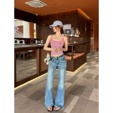 批发美式复古水洗浅蓝色豹纹微喇<b class='q'>牛仔裤</b><b class='q'>女</b>2026夏季新款修身弹力喇叭<b class='q'>裤</b>