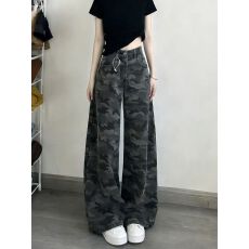 批发美式高街工装阔腿迷彩<b class='q'>牛仔裤</b><b class='q'>女</b>秋季复古高腰宽松显瘦直筒休闲裤子