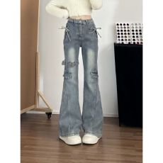 批发美式复古微喇叭牛仔<b class='q'>裤</b>女春夏季设计感修身<b class='q'>显瘦</b>系带拼接工<b class='q'>装</b>直筒<b class='q'>裤</b>