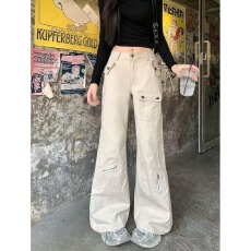 批发小个子潮牌美式工装微喇叭牛仔裤女高腰设计感拉链多口袋直筒长裤