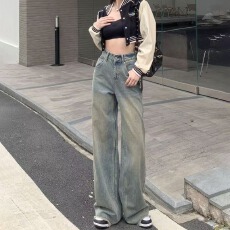 批发大码女装美式复古水洗做旧<b class='q'>牛仔裤</b>女秋季新款宽松<b class='q'>显瘦</b>阔腿裤子