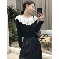批发黑色<b class='q'>荷叶边</b>拼接针织衫女2025新款温柔高知穿搭韩系chic别致小上衣