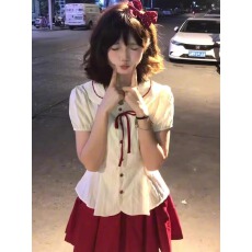 批发原版面料原版质量韩系甜美学院风撞色<b class='q'>娃娃领</b>蝴蝶结短袖女上衣