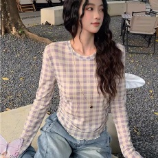 批发复古格纹设计感辣妹微透薄款<b class='q'>网纱</b><b class='q'>打底衫</b>女速干格子防晒T恤上衣女