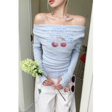 批发甜辣粉色甜妹樱桃印花一字肩长袖T恤女修身显瘦<b class='q'>街头</b>百搭露肩上衣