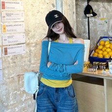 批发人棉270克陈佳楠辣式crush韩女香肩<b class='q'>假两件</b>拼色挂脖<b class='q'>上衣</b>女