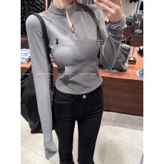 批发辣妹刺绣立领拉链长袖打底衫<b class='q'>T</b><b class='q'>恤</b>女秋冬新款修身显瘦短款内搭上衣