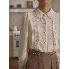 批发法式荷叶边加绒加厚蕾丝衫女秋冬欧货重工打底内搭磨毛衬衫小衫