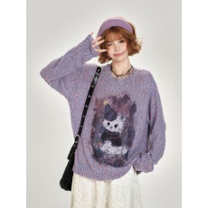 温柔风小众复古印花套头圆领针织毛衣女2025秋季新款宽松显瘦上衣