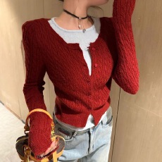 批发红色麻花针织打底修身假两件针织衫辣妹长袖毛衣2025新款时尚上衣