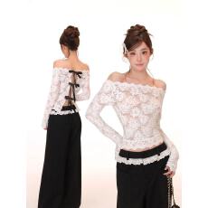 批发法式一字肩蕾丝长袖t恤女早秋修身显瘦纯欲风露肩上衣