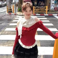 批发红色波点蝴蝶结<b class='q'>露肩</b>长袖衬衫衬衣女2025新款早秋季设计感法式上衣