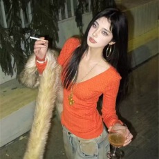 批发橘色2025新款辣妹修身显瘦针织衫女春秋薄款毛衣长袖打底上衣ins