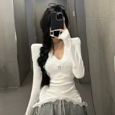 批发纯欲设计感深V长袖<b class='q'>T</b><b class='q'>恤</b>女春秋新款独特别致辣妹修身显瘦黄色上衣女