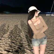 人棉磨毛挖空长袖t恤女春季显瘦打底衫内搭纯欲露肩上衣