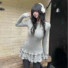 批发人棉磨毛美式复古波点裙摆叠穿长袖<b class='q'>t</b><b class='q'>恤</b>女秋冬新款百搭休闲上衣