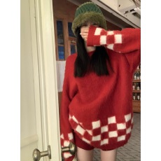 批发港风复古红色<b class='q'>棋盘</b><b class='q'>格</b>子毛衣秋冬中长款慵懒风软糯糯新年圣诞上衣