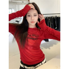 批发美式<b class='q'>街头</b>长袖T恤女早秋新款圆领字母印花辣妹修身百搭红色上衣ins