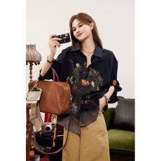 批发拼接印花衬衫女2025衬衣秋季新款艺术文艺设计<b class='q'>长袖</b>复古印花衬衫