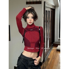 自带氛围感设计感拼色半高领短款针织衫女vintage毛衣修身打底潮