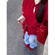 批发大码300斤爆款法式气质泡泡袖红色<b class='q'>衬衫女</b>秋新款小众衬衣上衣小衫