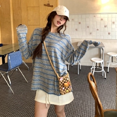 批发原版做法慵懒圆领套头条纹长袖<b class='q'>T</b><b class='q'>恤</b>气质打底衫