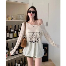 批发原版做法质量印花设计扣不规则<b class='q'>t</b><b class='q'>恤</b>锁骨上衣