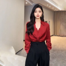 批发蕾丝拼接V领衬衫高级感轻奢<b class='q'>缎面</b>高腰阔腿裤垂坠感收腰超显瘦长裤