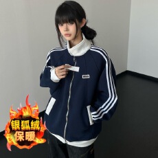 批发冬季加绒加厚三条杠立领<b class='q'>男</b>女宽松学院风棒球服休闲运动卫衣外套