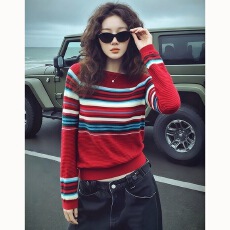 批发红色条纹撞色针织衫女秋冬2025年<b class='q'>新款</b>设计感圆领百搭打底内搭上衣
