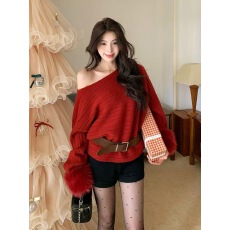法式气质仿狐狸毛斜肩毛衣女秋冬高级感纯欲风宽松显瘦针织衫上衣
