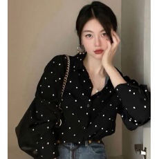 批发黑白色<b class='q'>波点</b>雪纺<b class='q'>衬衫</b>女长袖上衣春装新款别致漂亮小衫