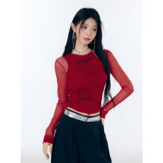批发涂鸦少女字母花色字母印花<b class='q'>网纱</b>拼接修身显瘦圆领正肩长袖T恤女