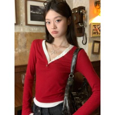 德绒超可爱2025春秋v领打底小衫假两件茶系穿搭拼接撞色漂亮长袖